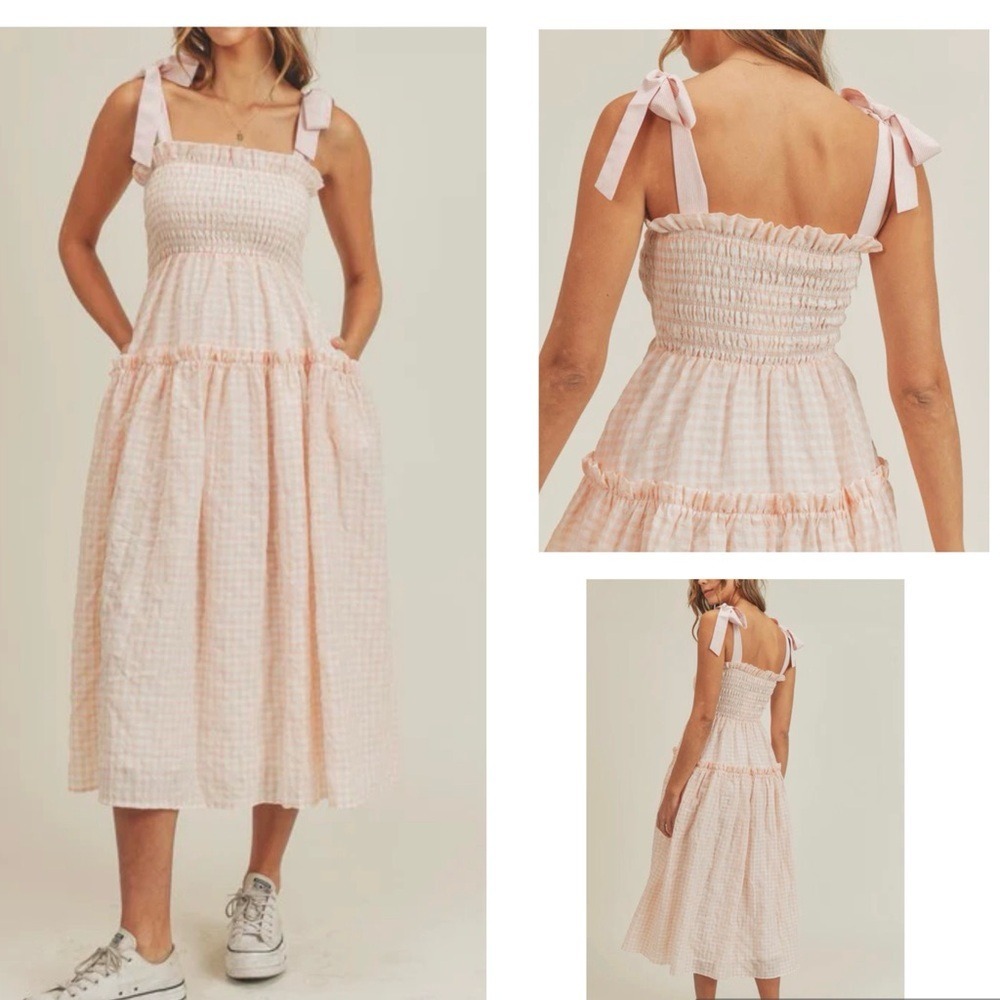 Mable Womens Midi Dress Small Blush Smocked Ruffle Seersucker Plaid Check Boho‎